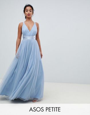 ASOS DESIGN Petite premium tulle maxi prom dress with ribbon ties-Blå