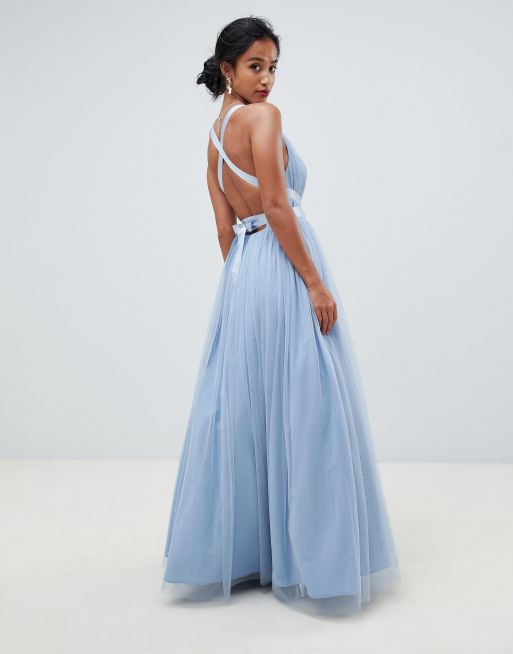 premium tulle maxi prom dress with ribbon ties