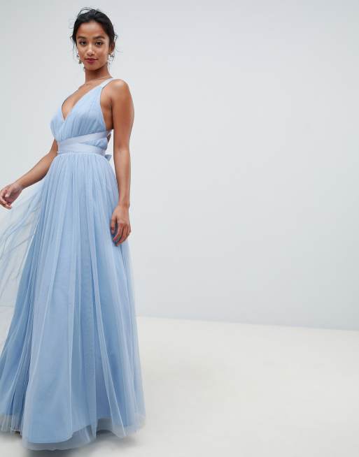 premium tulle maxi prom dress with ribbon ties