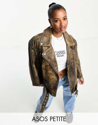 ASOS DESIGN Petite premium washed real leather oversized biker jacket in brown