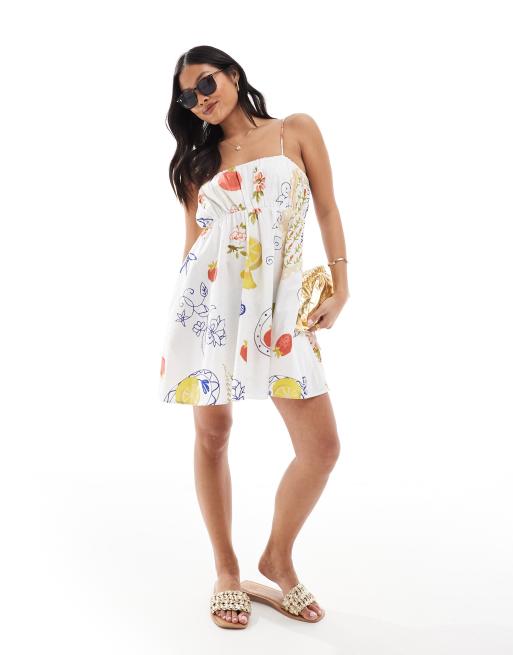 ASOS DESIGN Petite - Prendisole corto con bustino arricciato con stampa e spalline regolabili, 4 di 4