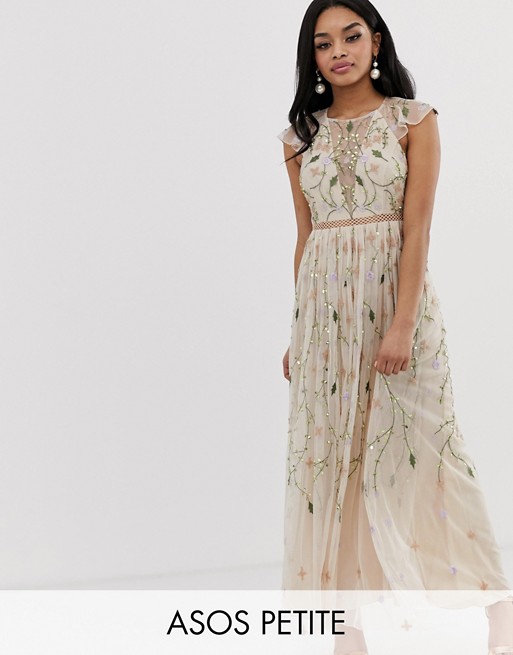 ASOS DESIGN Petite pretty embroidered floral and sequin mesh maxi dress