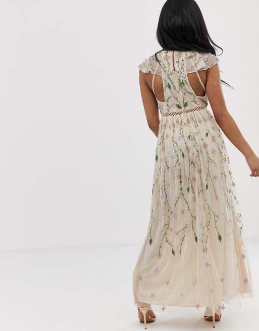 Asos design pretty embroidered floral clearance and sequin mesh maxi dress