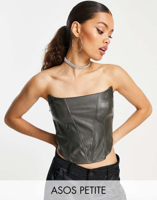 ASOS DESIGN Petite PU corset top with seaming in khaki