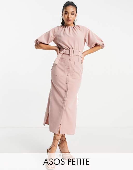 ASOS DESIGN Petite puff sleeve button through belted midi dress in rose