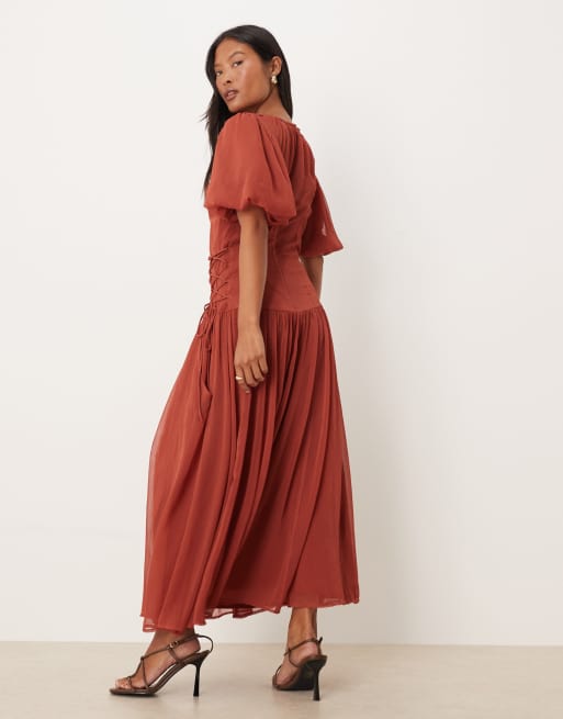 ASOS DESIGN Petite puff sleeve chiffon midaxi dress in deep rust