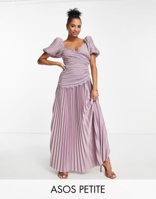 ASOS DESIGN Petite puff sleeve lace trim pleated skater maxi dress in mauve-Multi