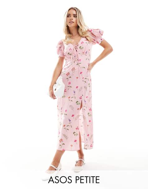 ASOS DESIGN Petite puff sleeve lace up midi dress in pink print - view 1