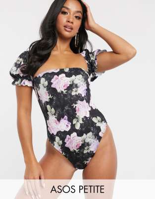 ASOS Petite ASOS DESIGN petite puff sleeve swimsuit in lemon print