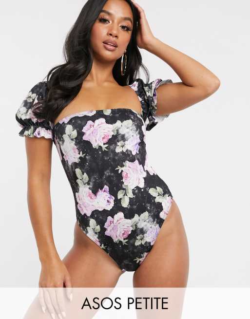 ASOS DESIGN petite puff sleeve milkmaid swimsuit in galaxy floral print