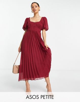 ASOS DESIGN Petite puff sleeve pleated dobby midi dress with scallop trim in burgundy  - ASOS Price Checker