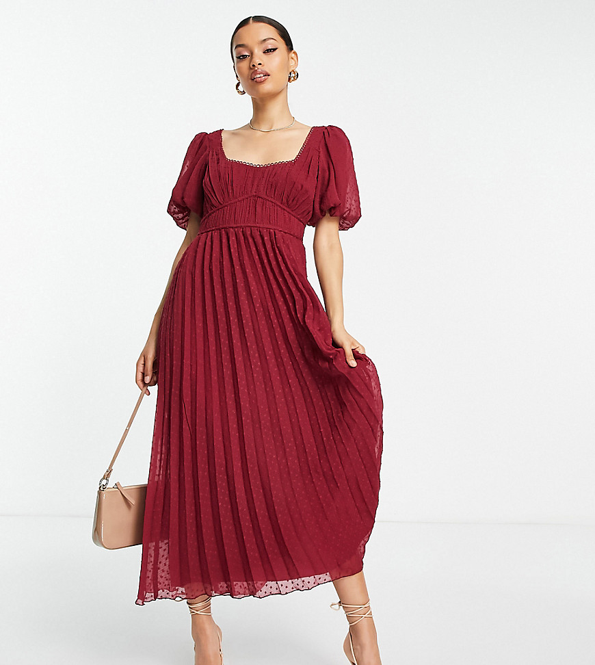 ASOS DESIGN Petite puff sleeve pleated dobby midi dress with scallop trim in burgundy-Red
