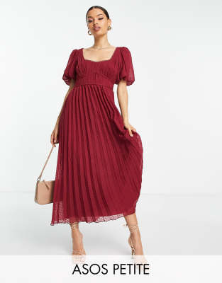 Asos Petite Asos Design Petite Puff Sleeve Pleated Textured Midi Dress With Scallop Trim In Burgundy In Red