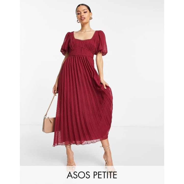 ASOS DESIGN Petite puff sleeve pleated textured midi dress with scallop  trim in burgundy