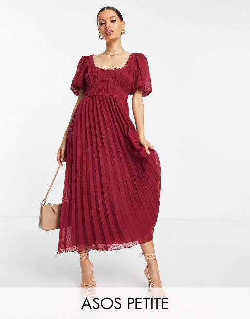 ASOS DESIGN Petite puff sleeve pleated textured midi dress with