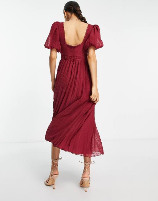 ASOS DESIGN Petite puff sleeve pleated textured midi dress with scallop  trim in burgundy