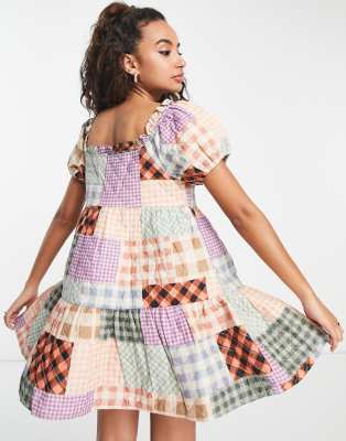 ASOS DESIGN Petite puff sleeve quilted square neck dress in patchwork  gingham | ASOS