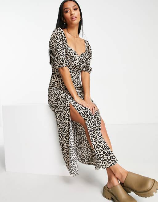 ASOS DESIGN Petite puff sleeve ruched bust midi slit dress in animal print