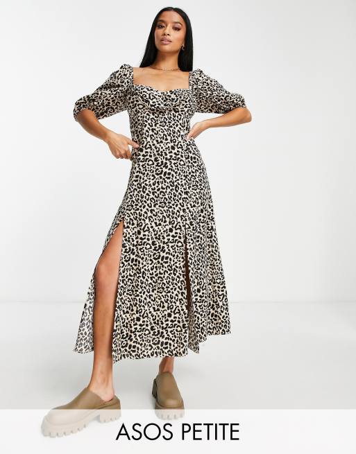 ASOS DESIGN Petite puff sleeve ruched bust midi split dress in animal print