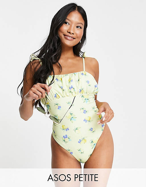 Swimwear & Beachwear petite puff sleeve swimsuit in lemon print 