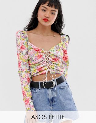 ASOS DESIGN Petite puff sleeve top with lace up front in floral print-Multi