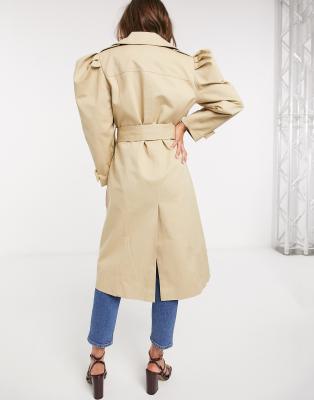 stone puff sleeve belted trench coat