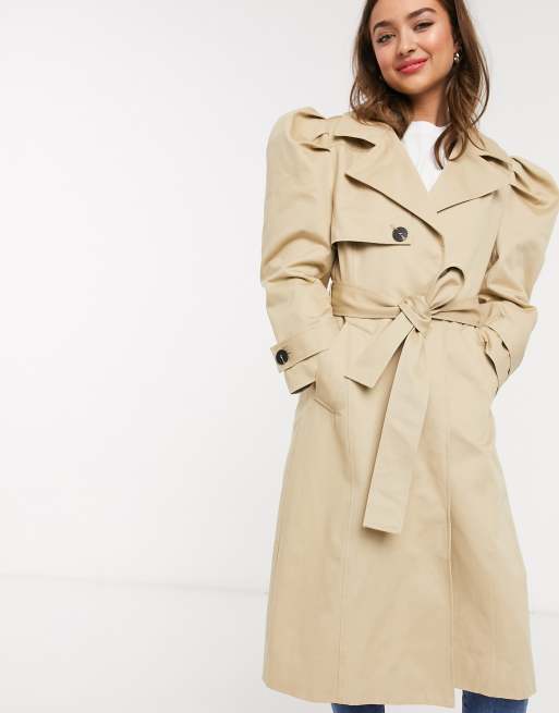 ASOS DESIGN Petite puff sleeve trench coat in stone