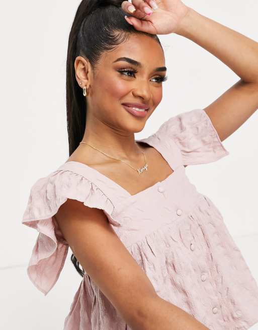 ASOS DESIGN Petite puff textured button through ruffled sun top in pink