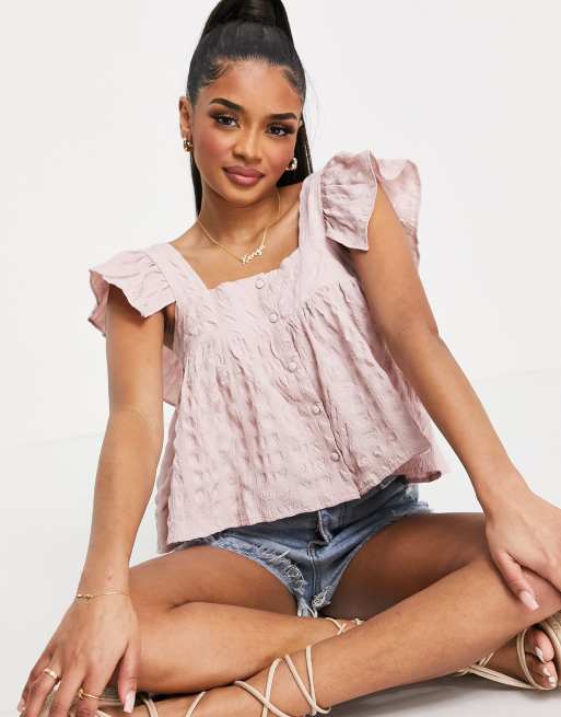 ASOS DESIGN pointelle button through top in pink - ShopStyle