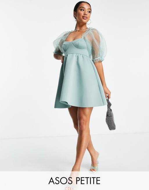 ASOS DESIGN Petite puffed organza sleeve babydoll dress in teal