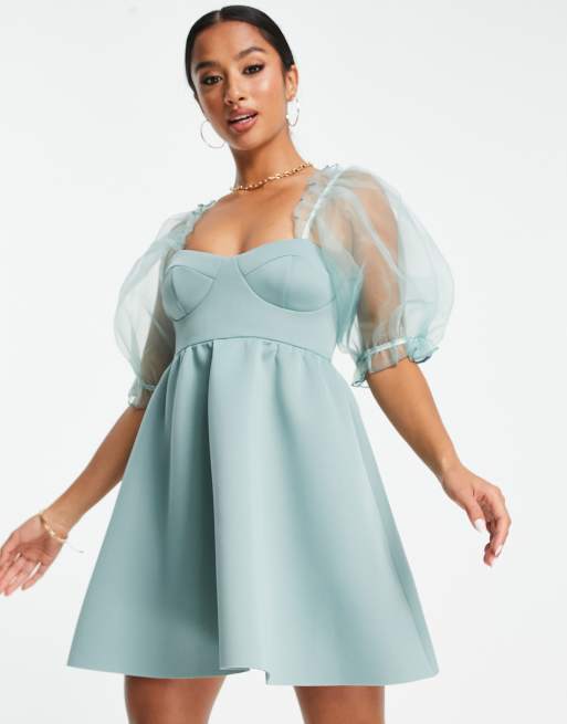 ASOS DESIGN Petite puffed organza sleeve babydoll dress in teal | ASOS