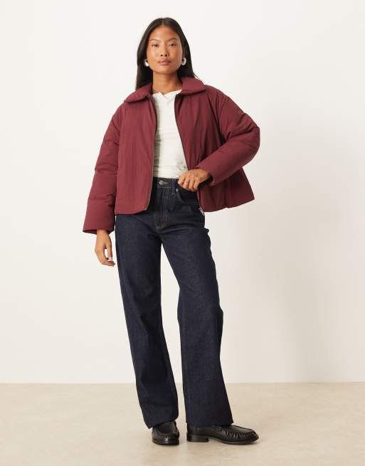 ASOS DESIGN Petite puffer jacket with top collar in burgundy, 2 of 4