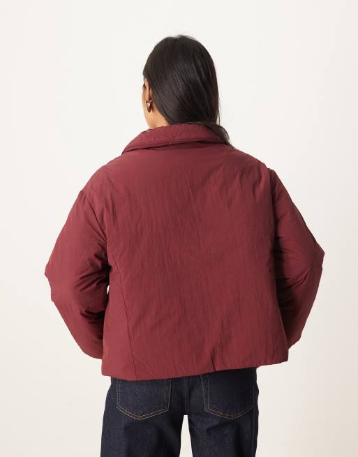 ASOS DESIGN Petite puffer jacket with top collar in burgundy, 3 of 4