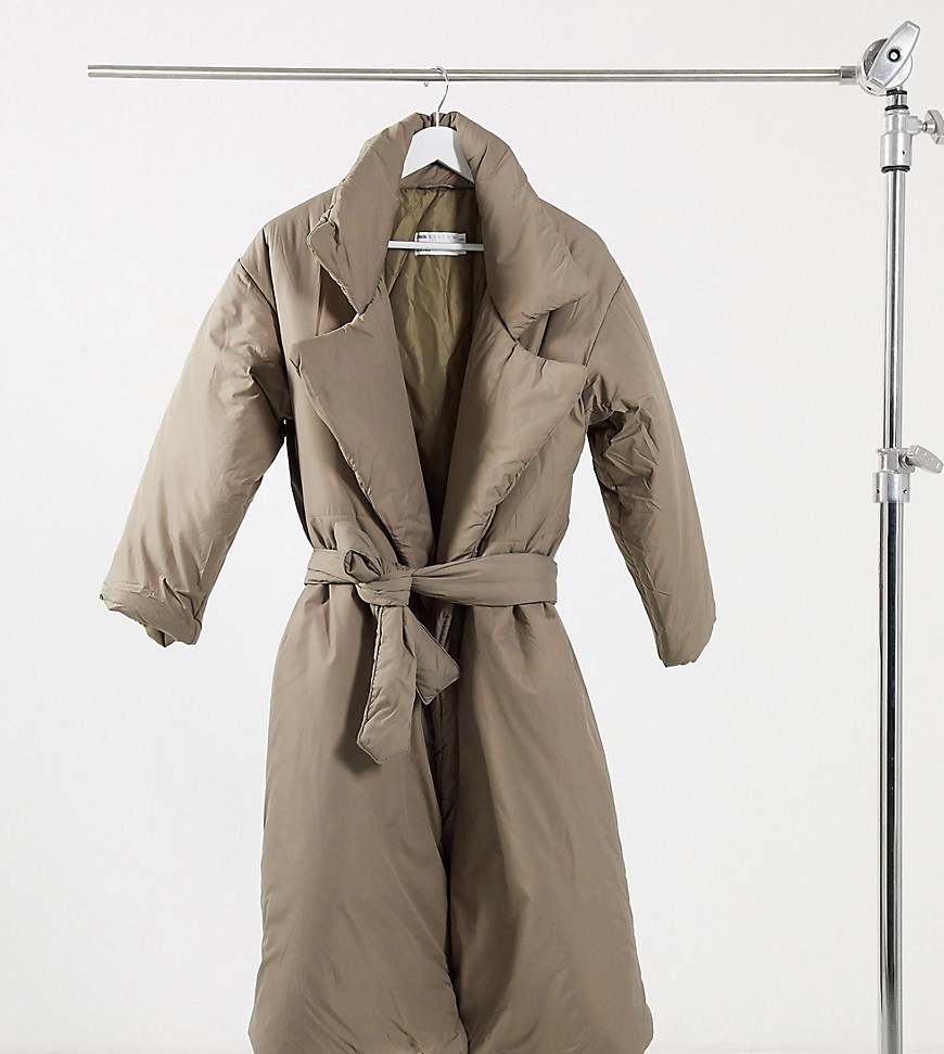 ASOS DESIGN Petite puffer maxi coat with belt in hazelnut-Brown