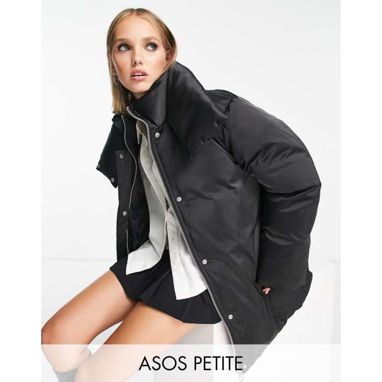 ASOS DESIGN Petite puffer satin coat in black | ASOS