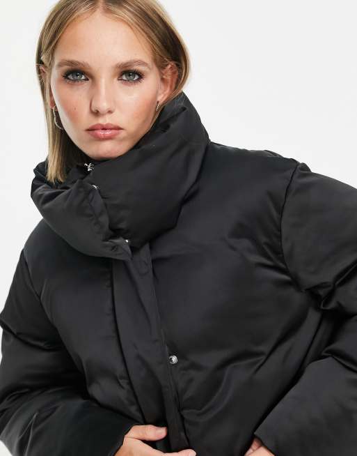 ASOS DESIGN Petite puffer satin coat in black