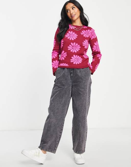 ASOS DESIGN Petite - Pull à motif fleurs et smiley - Rose, 4 de 4