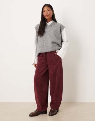 pull on barrel leg corduroy pants in burgundy