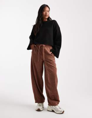 ASOS DESIGN Petite pull-on barrel leg corduroy pants in chocolate-Brown
