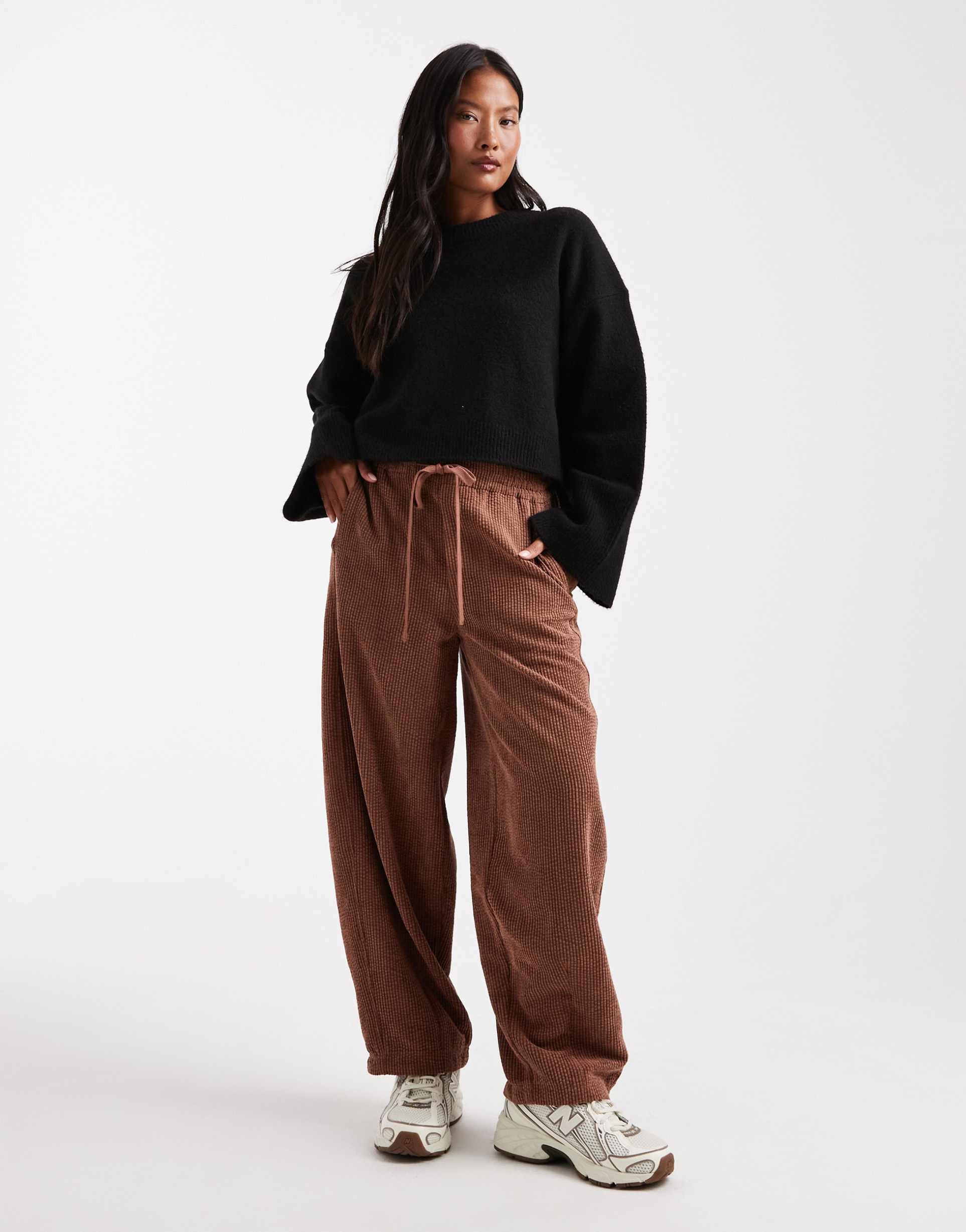 asos design petite pull-on barrel leg corduroy pants in chocolate