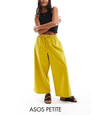 Shop Asos Design Petite Pull On Barrel Leg Pants With Linen In Chartreuse-yellow