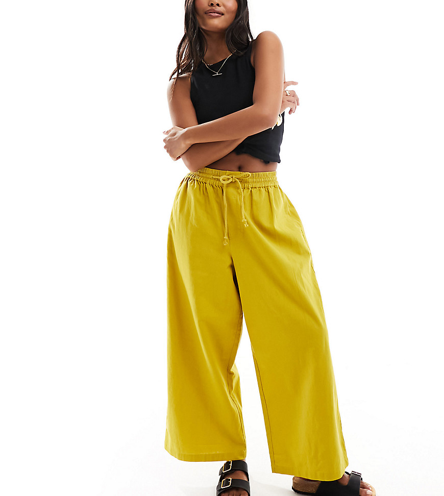 ASOS DESIGN Petite pull on barrel leg trouser with linen in chartreuse-Yellow