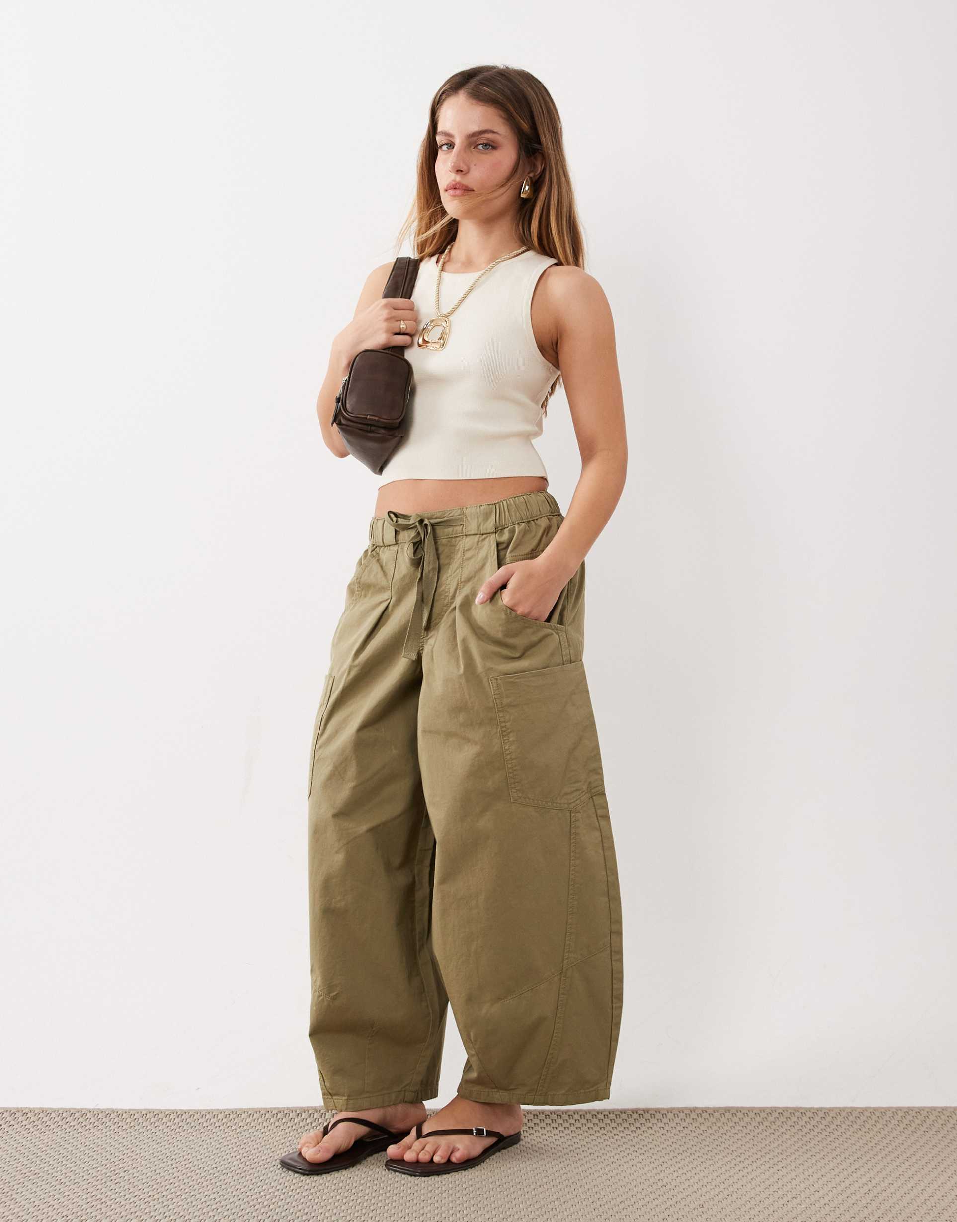 asos design petite pull on barrel pants in khaki