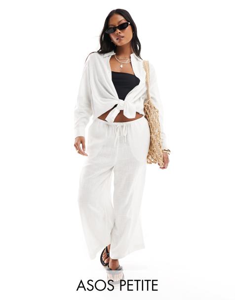 ASOS DESIGN Petite pull on culotte pants with linen in white - view 1
