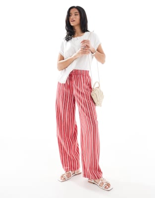 ASOS DESIGN Petite - Pull-on-Hose in Rot mit Streifen in Leinenoptik-Bunt