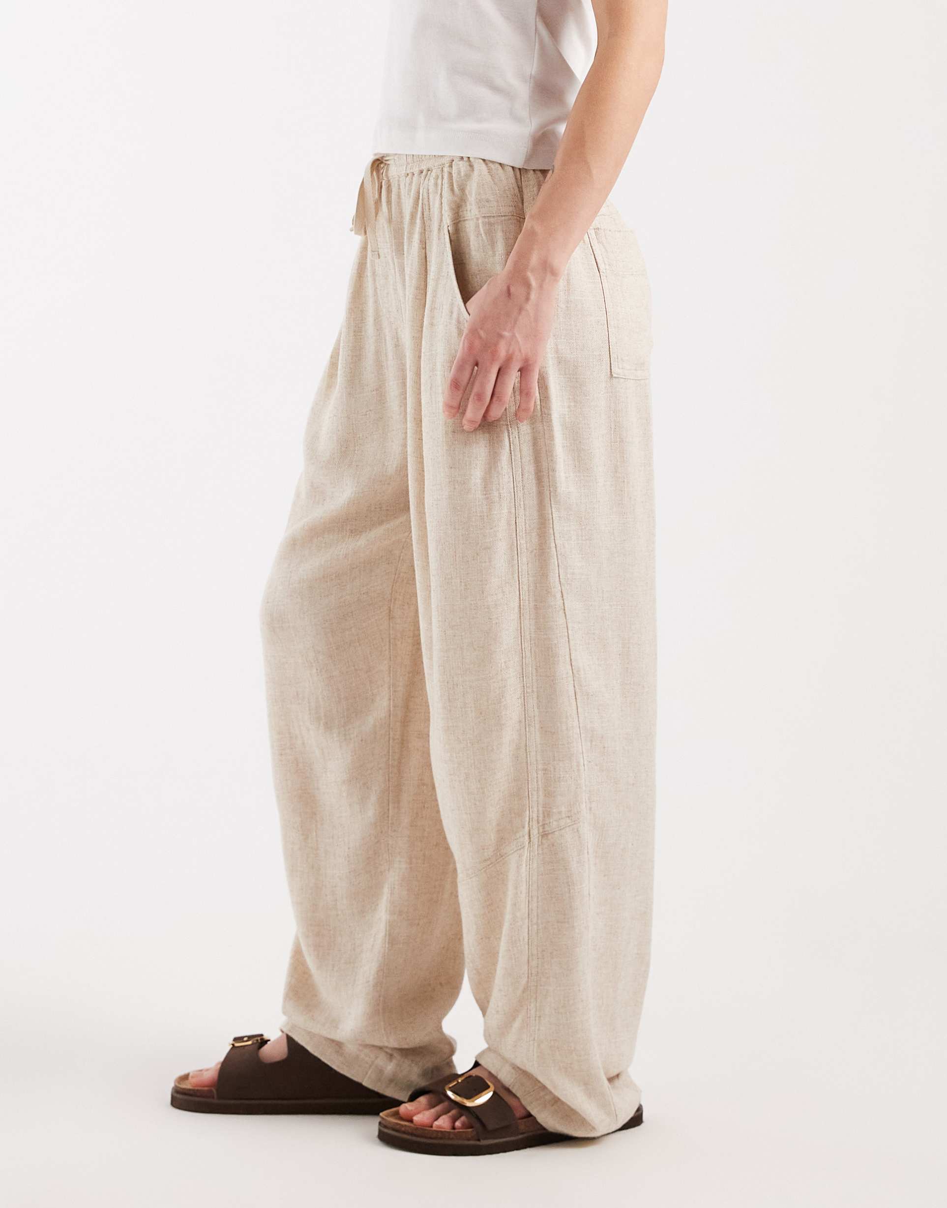 asos design petite pull on linen twill utility pants in natural