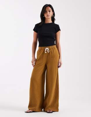 pull on pants in cheesecloth with rope tie in olive - part of a set