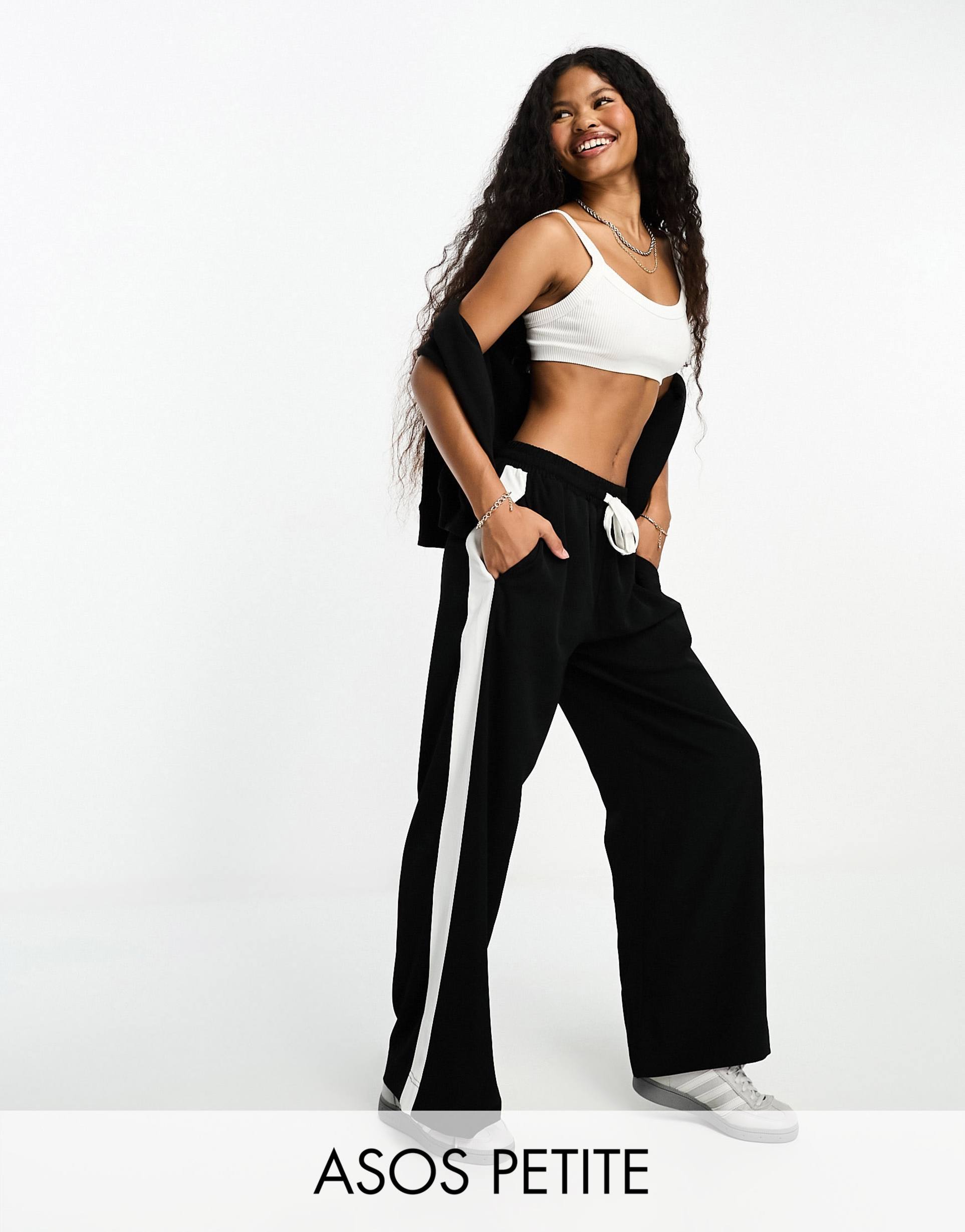 asos design petite pull-on pants with contrast panel in black