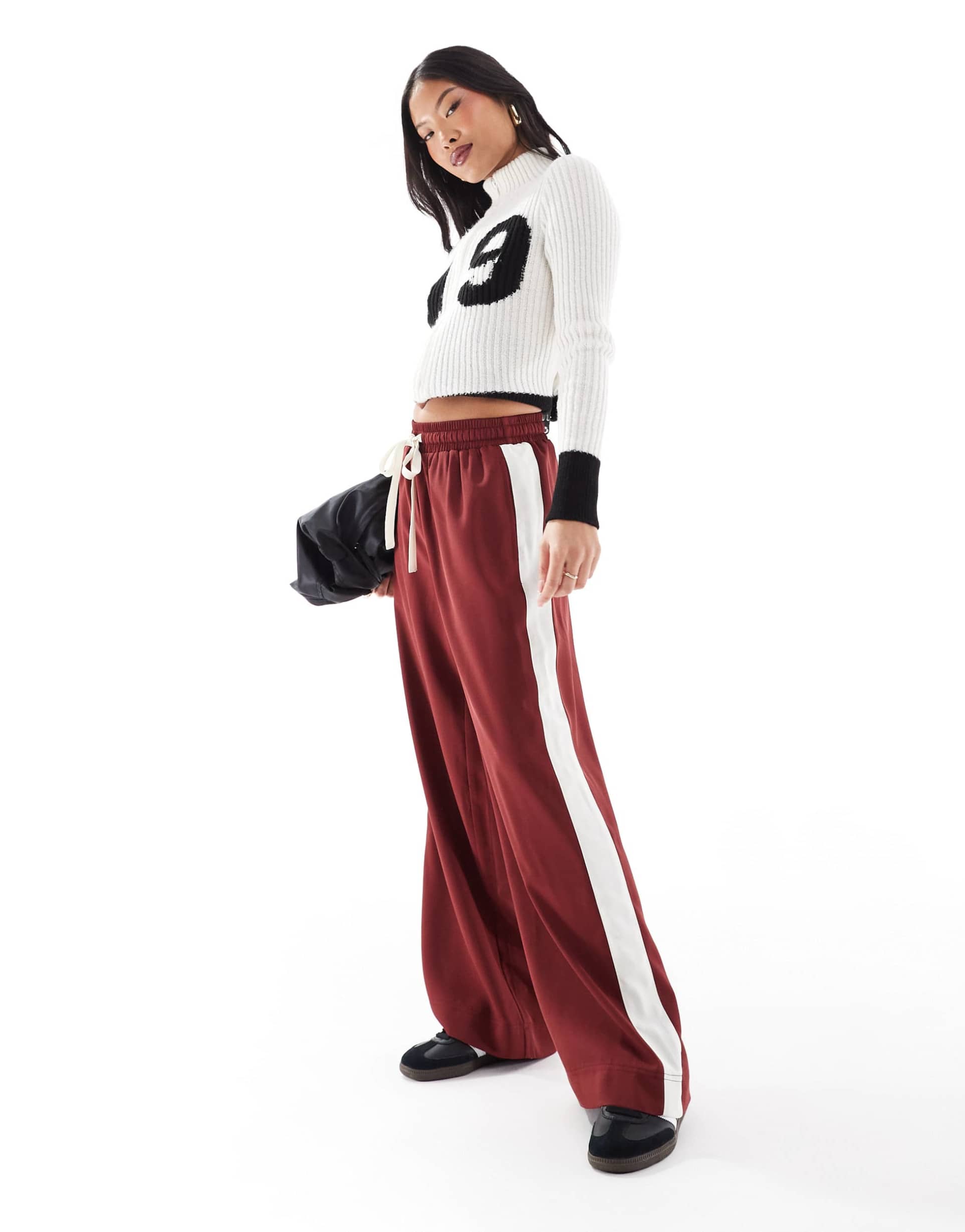 asos design petite pull on pants with contrast panel in dark cherry