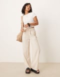 [ASOS DESIGN] ASOS DESIGN Petite pull on pants with linen in stone-Neutral M stone